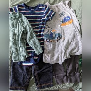 Baby Boy 6m Outfit Set 5pc Pants Romper Button Top Green Gray Blue Shirt Stripe